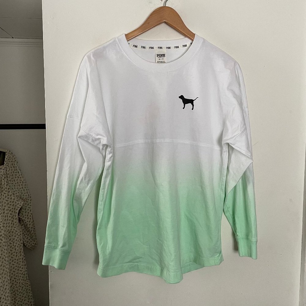 PINK Victorias Secret T Shirt XS White Mint Green Ombre Long Sleeve Crew Neck